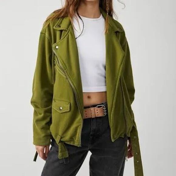 Free People L XL Rebel oversized moto jacket Olive Sparrow Green - Picture 2 of 7